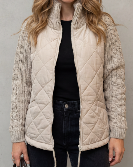Women's Quilted Cable Knit Sleeve Zip Up Jacket