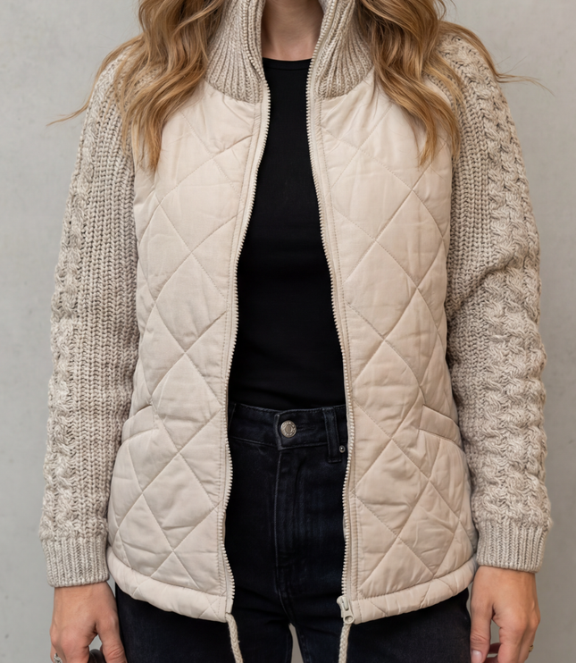 Women's Quilted Cable Knit Sleeve Zip Up Jacket
