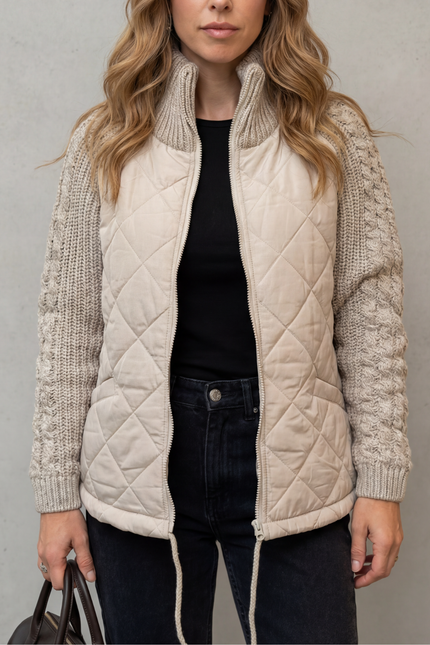 Women's Quilted Cable Knit Sleeve Zip Up Jacket