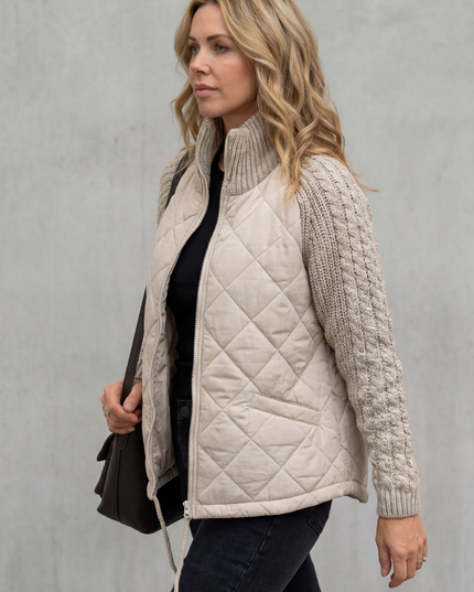 Women's Quilted Cable Knit Sleeve Zip Up Jacket