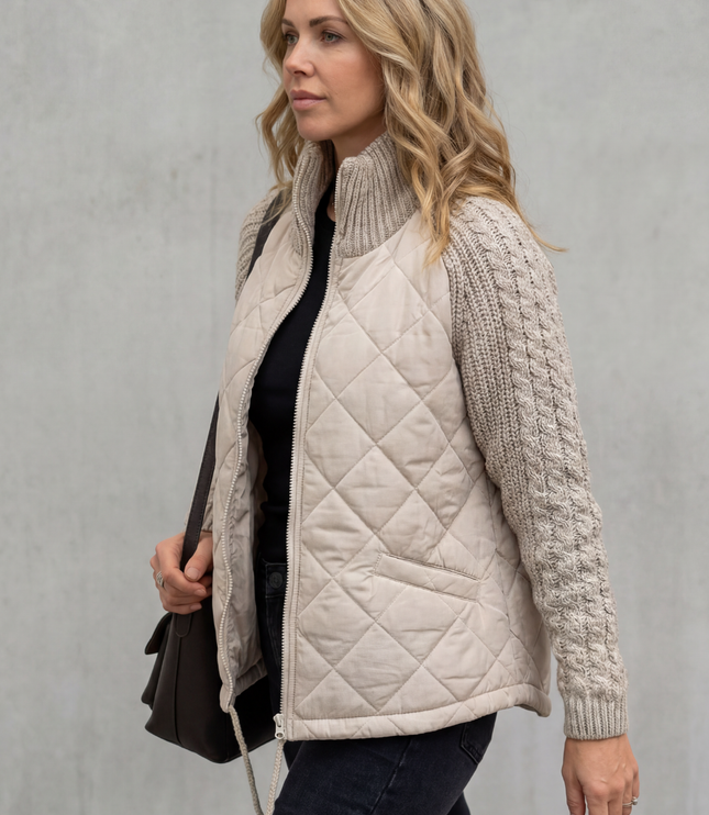 Women's Quilted Cable Knit Sleeve Zip Up Jacket