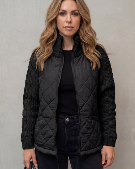Women's Quilted Cable Knit Sleeve Zip Up Jacket