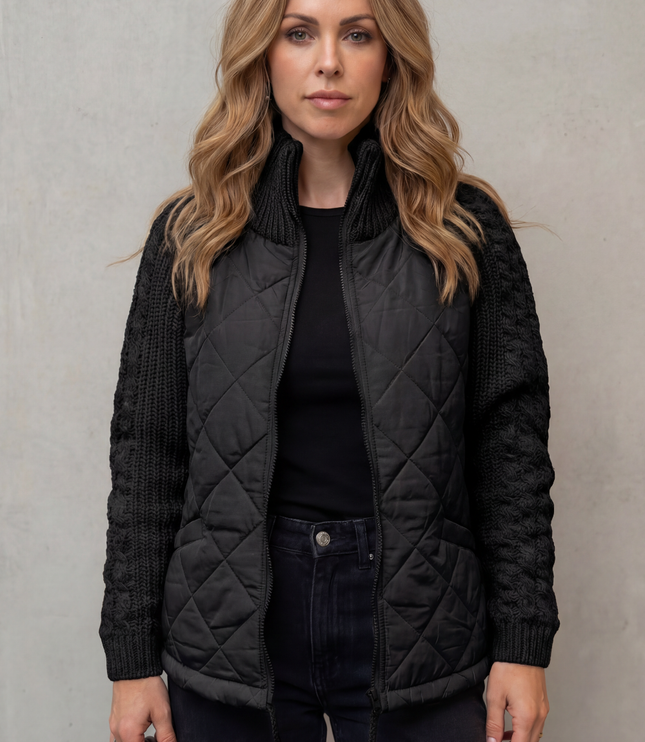 Women's Quilted Cable Knit Sleeve Zip Up Jacket