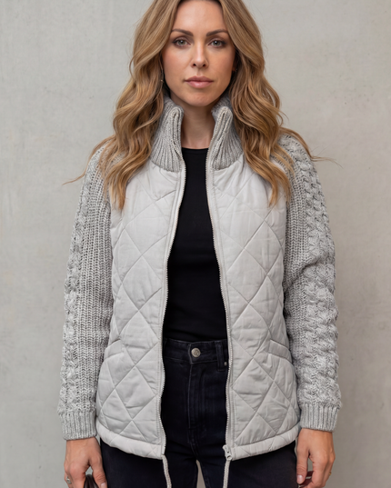 Women's Quilted Cable Knit Sleeve Zip Up Jacket