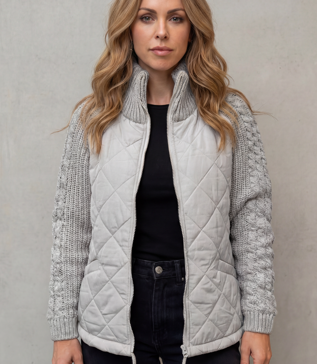 Women's Quilted Cable Knit Sleeve Zip Up Jacket