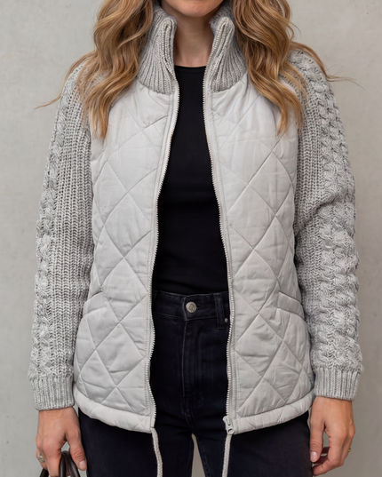 Women's Quilted Cable Knit Sleeve Zip Up Jacket
