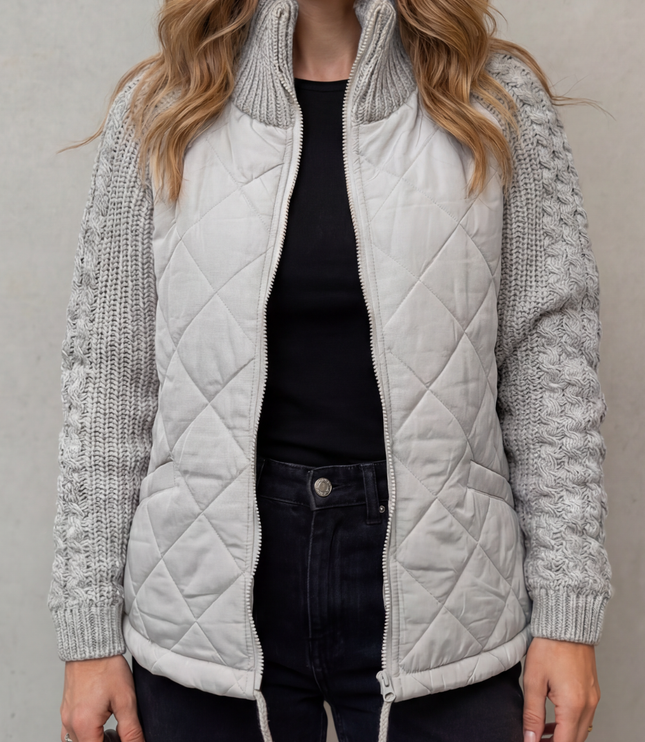 Women's Quilted Cable Knit Sleeve Zip Up Jacket