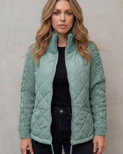 Women's Quilted Cable Knit Sleeve Zip Up Jacket
