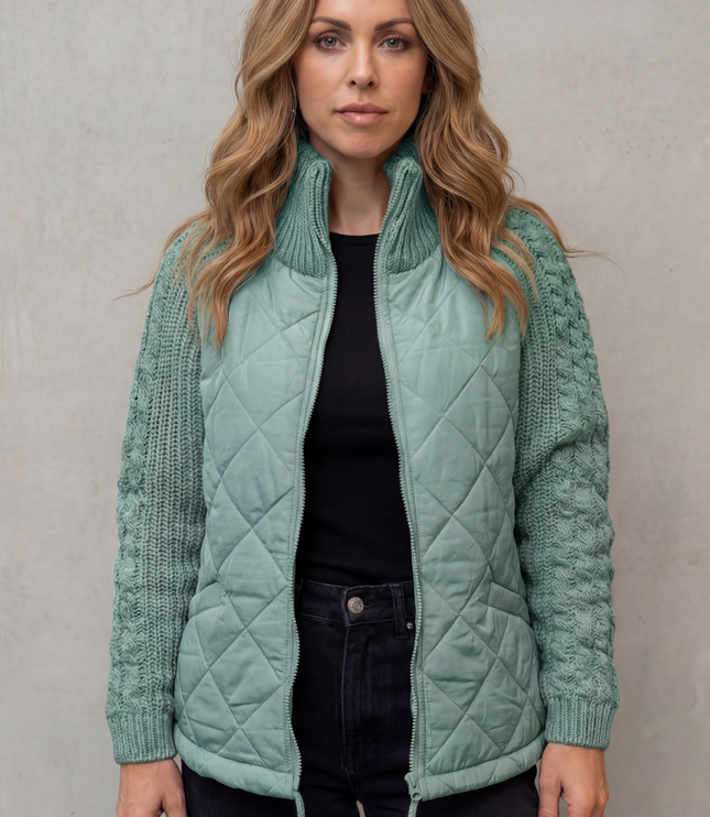 Women's Quilted Cable Knit Sleeve Zip Up Jacket