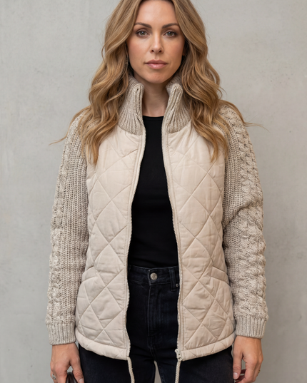 Women's Quilted Cable Knit Sleeve Zip Up Jacket