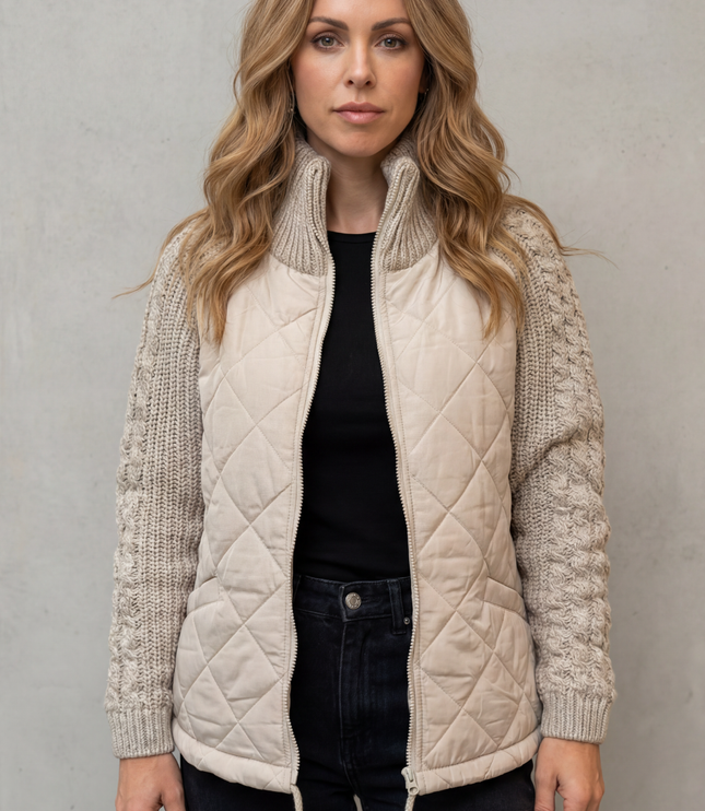 Women's Quilted Cable Knit Sleeve Zip Up Jacket