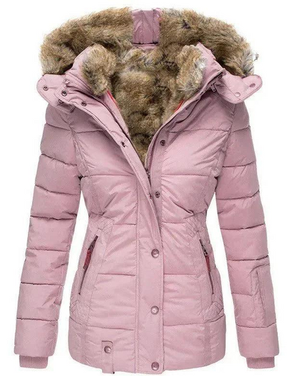 Women's Quilted Jacket in Pink, Trimmed with Plush Fur