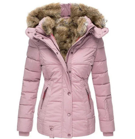 Women's Quilted Jacket in Pink, Trimmed with Plush Fur