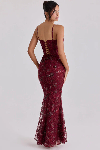 Women's Red Beaded Corset Formal Evening Maxi Dress
