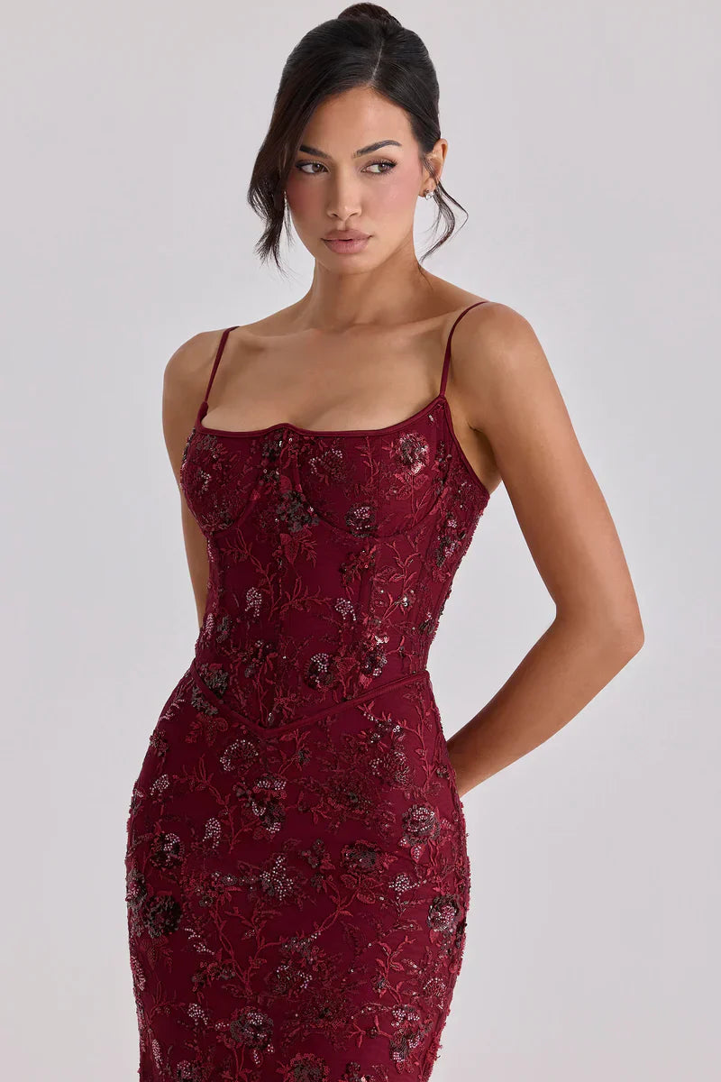 Women's Red Beaded Corset Formal Evening Maxi Dress