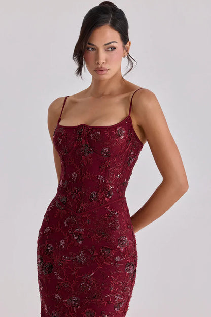 Women's Red Beaded Corset Formal Evening Maxi Dress