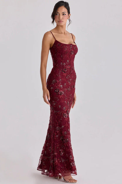 Women's Red Beaded Corset Formal Evening Maxi Dress