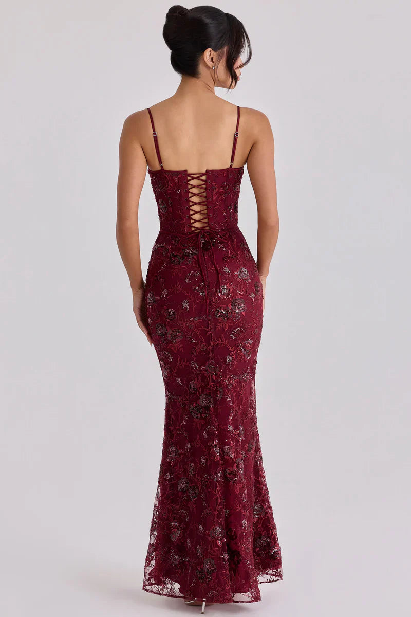 Women's Red Beaded Corset Formal Evening Maxi Dress