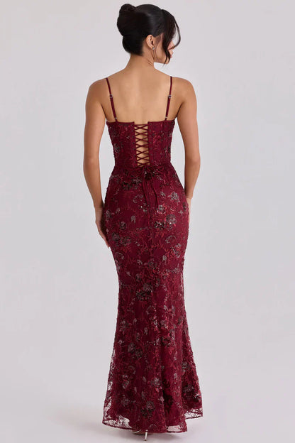 Women's Red Beaded Corset Formal Evening Maxi Dress