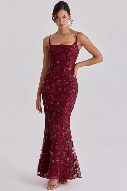 Women's Red Beaded Corset Formal Evening Maxi Dress