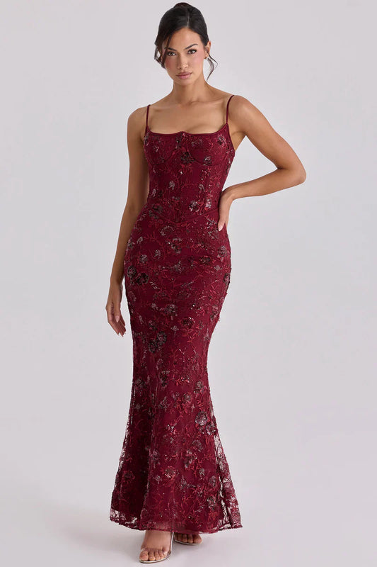 Women's Red Beaded Corset Formal Evening Maxi Dress