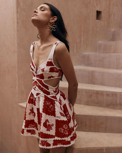 Women's Red Floral Cut Out Wedding Guest Mini Dress
