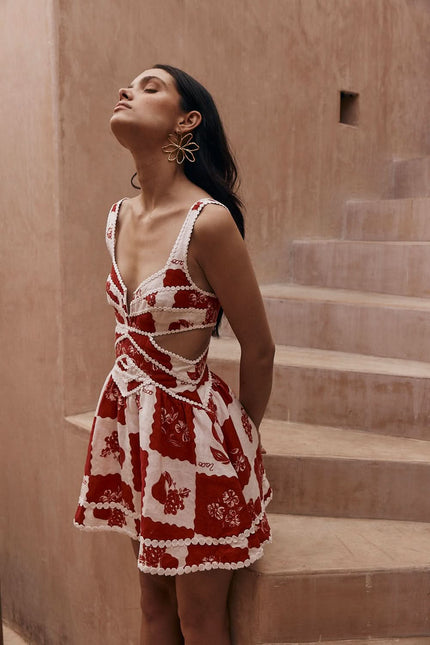 Women's Red Floral Cut Out Wedding Guest Mini Dress