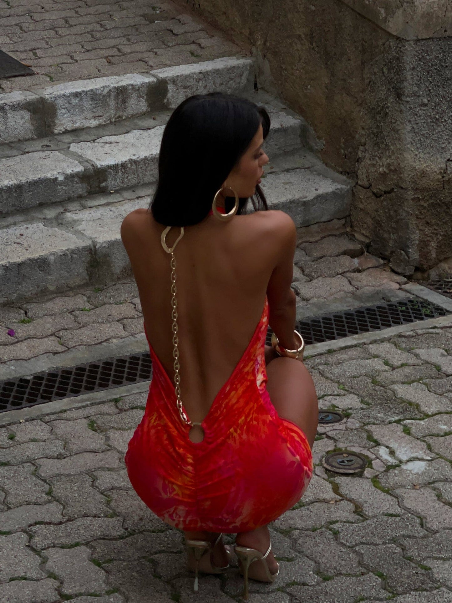 Women's Red Printed Halter Wedding Guest Mini Dress