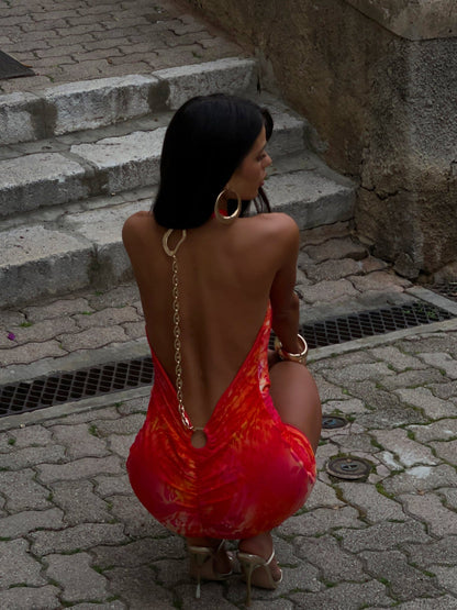 Women's Red Printed Halter Wedding Guest Mini Dress