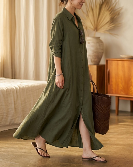 Women's Relaxed Fit Button Front Maxi Shirt Dress