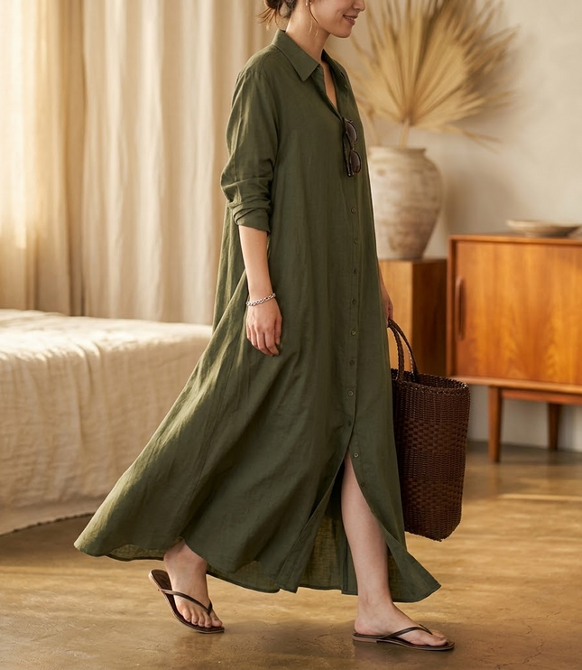 Women's Relaxed Fit Button Front Maxi Shirt Dress