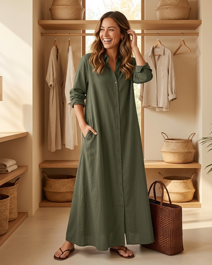 Women's Relaxed Fit Button Front Maxi Shirt Dress