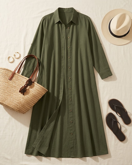 Women's Relaxed Fit Button Front Maxi Shirt Dress