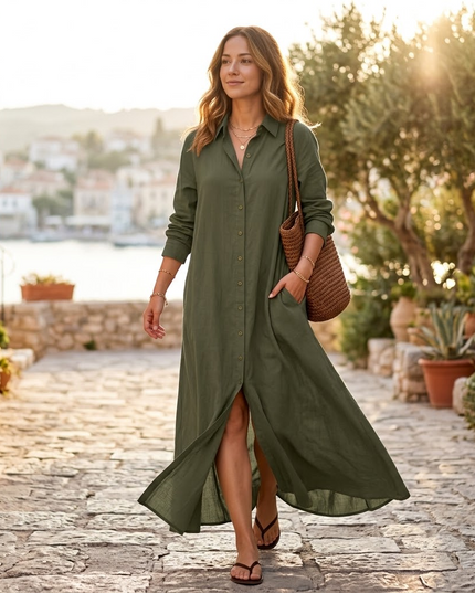 Women's Relaxed Fit Button Front Maxi Shirt Dress
