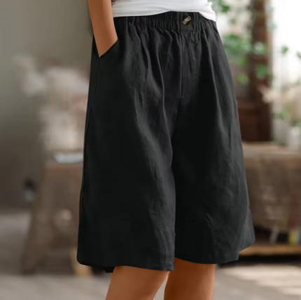 Black women relaxed Bermuda shorts with elastic waistband, single button detail, loose fit and pockets