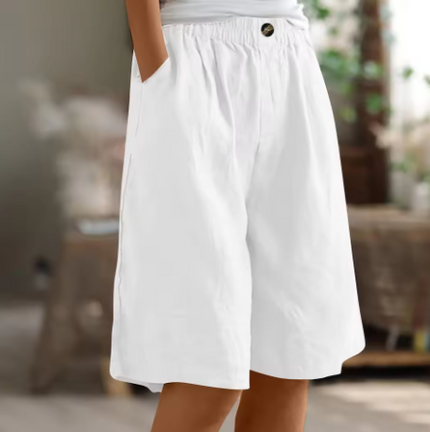 White women summer relaxed Bermuda shorts with elastic waist, button front, and side pockets