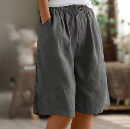 Charcoal gray relaxed Bermuda shorts for women, elastic waistband with single button and roomy fit