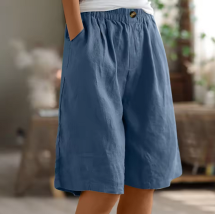 Denim blue women summer Bermuda shorts, relaxed fit with elastic waistband, button closure and pockets