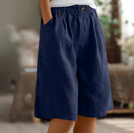Navy blue women summer Bermuda shorts, elastic waistband with button detail and loose comfortable fit