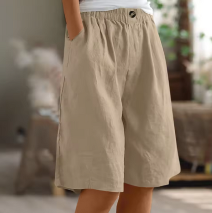 Khaki tan women relaxed Bermuda shorts, elastic waistband, front button detail and casual summer style
