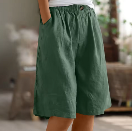 Forest green women summer Bermuda shorts with elastic waist, relaxed fit, button front and pockets