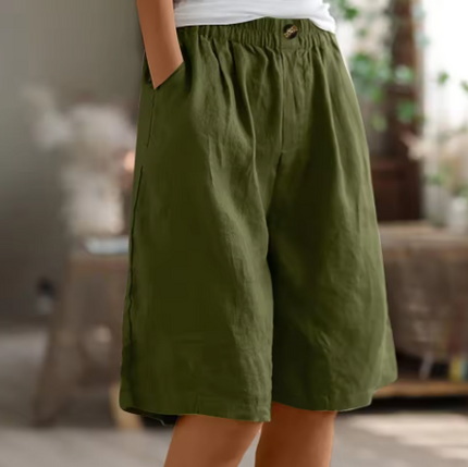 Olive green women summer relaxed Bermuda shorts with elastic waist, button detail and side pockets