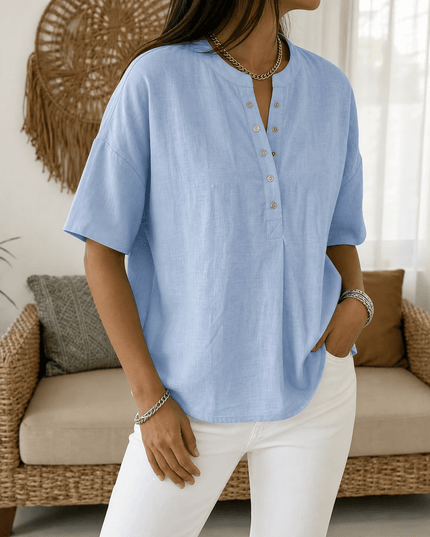 Women's Relaxed Fit Short Sleeve Button Henley Blouse