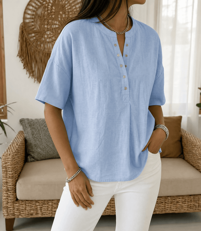 Women's Relaxed Fit Short Sleeve Button Henley Blouse