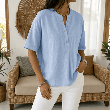 Women's Relaxed Fit Short Sleeve Button Henley Blouse