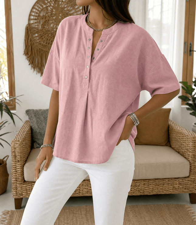 Women's Relaxed Fit Short Sleeve Button Henley Blouse