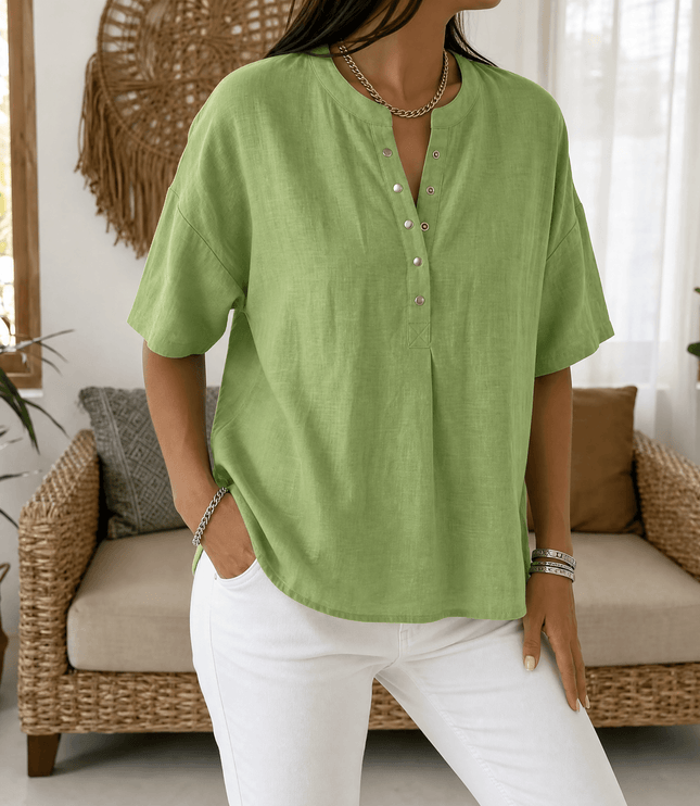 Women's Relaxed Fit Short Sleeve Button Henley Blouse