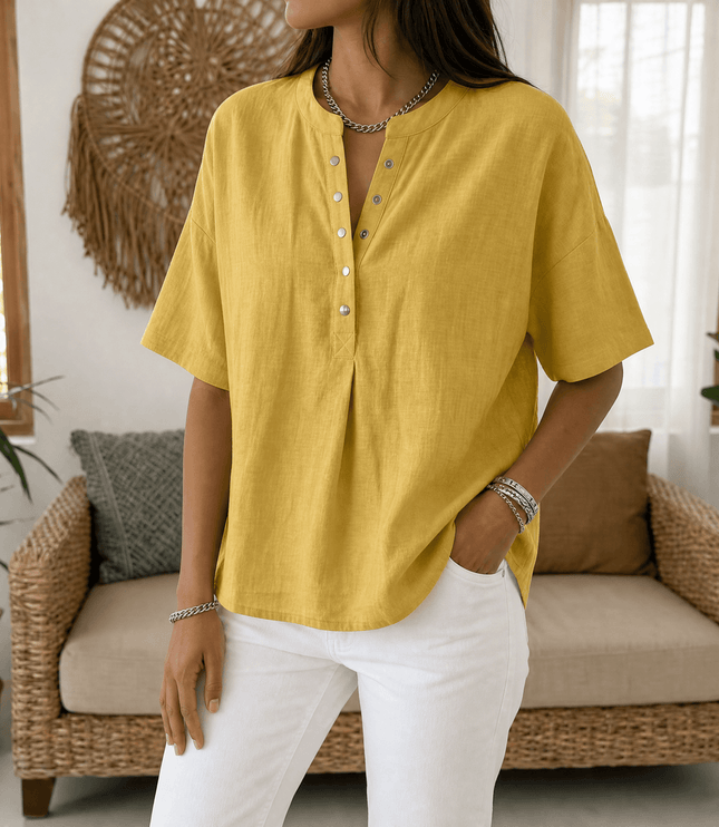 Women's Relaxed Fit Short Sleeve Button Henley Blouse