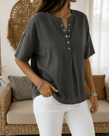 Women's Relaxed Fit Short Sleeve Button Henley Blouse