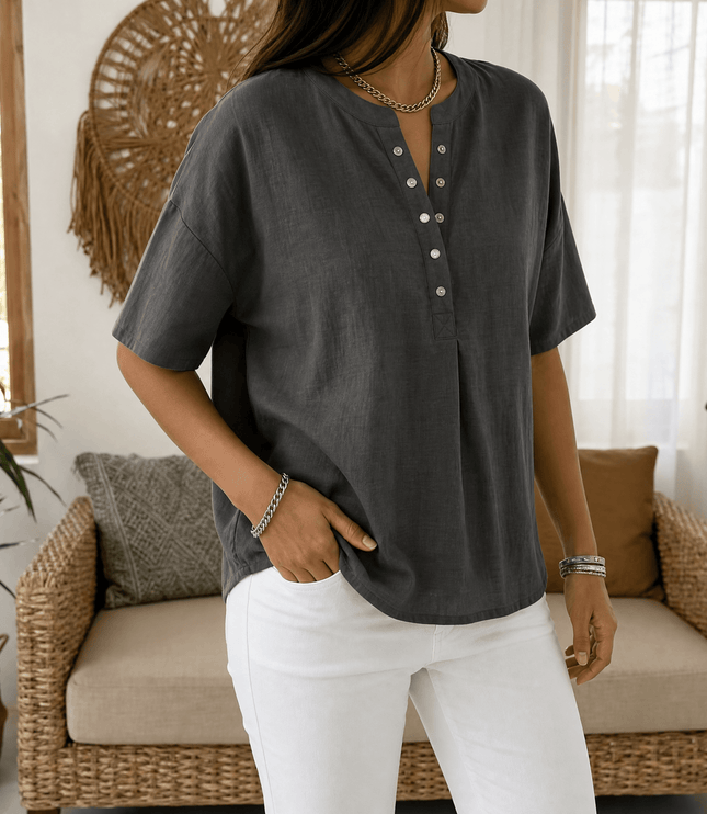Women's Relaxed Fit Short Sleeve Button Henley Blouse